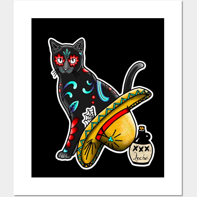 Gato en un Sombrero - Day of the Dead Cat - Dia de los Muertos Sugar Skull Kitty Wall Art by prettyinink